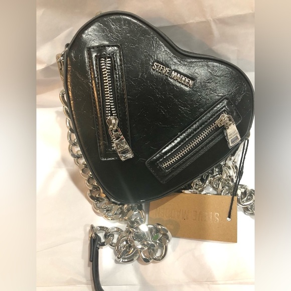 Steve Madden black crinkled zippered heavy chain heart shaped crossbody‎ bag new - Picture 6 of 17